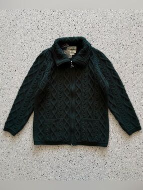 Vintage Aran Crafts Ireland Cable Knit Sweater Zip Up Merino Wool Green Medium